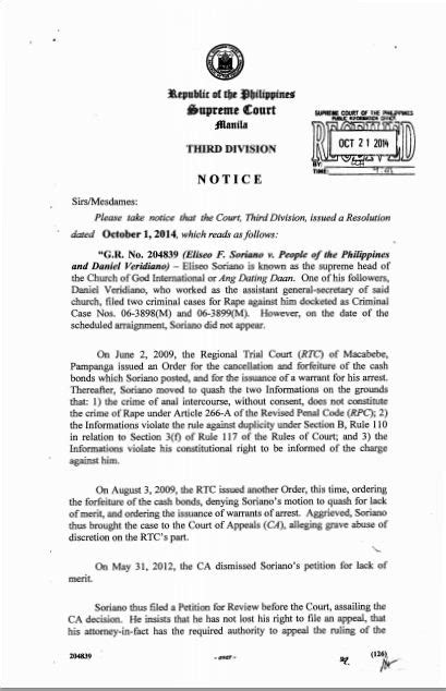 DOJ charges evangelist Ely Soriano with rape .
